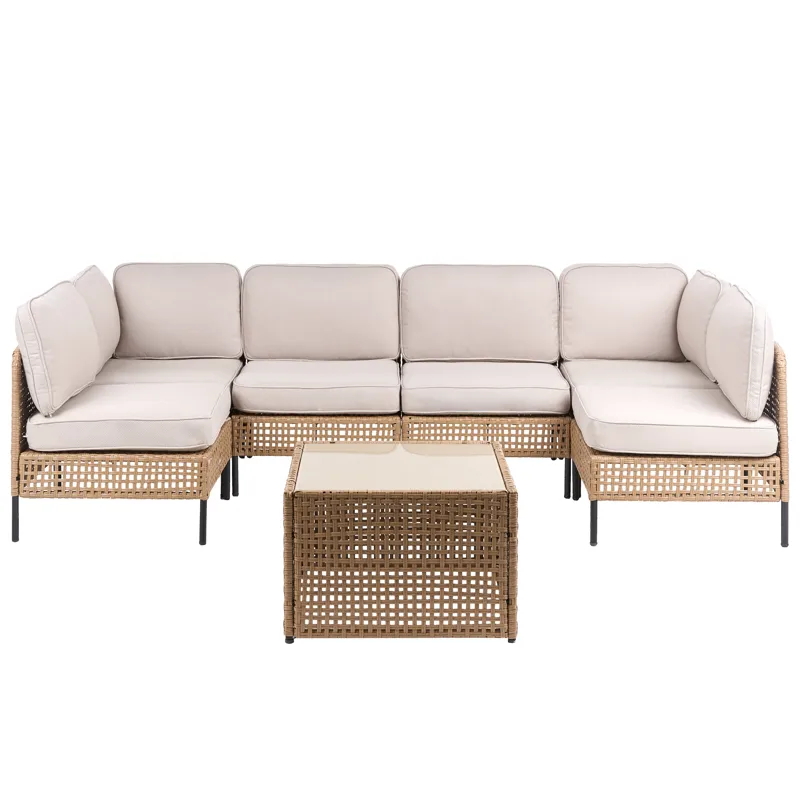 U-formet sofa utendørs 6-seter Omegana modulær kunstrotting, Beige/svart
