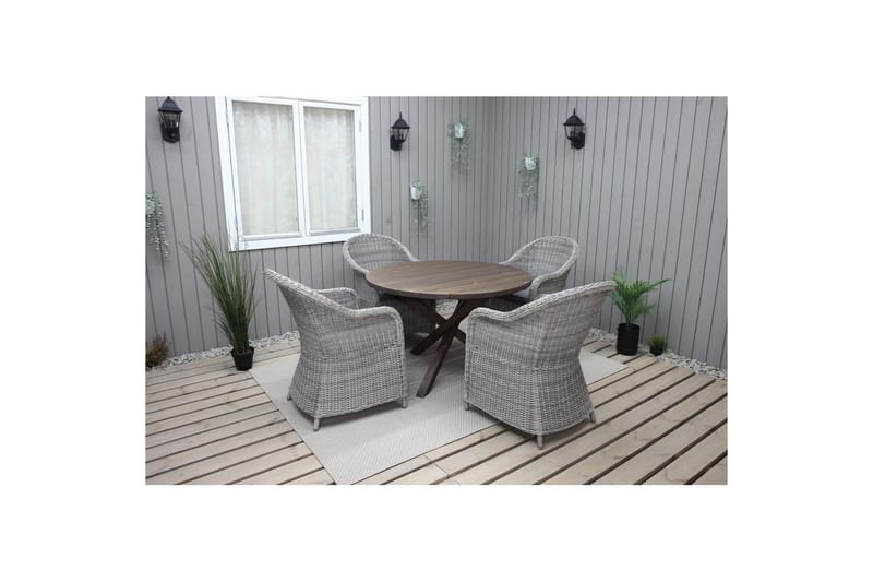 Utendørs møbelgruppe Ø 112 cm bord & 4 Belize grå stoler Brun - Brun - Hagemøbler & utemiljø - Hagegruppe - Spisegrupper hage