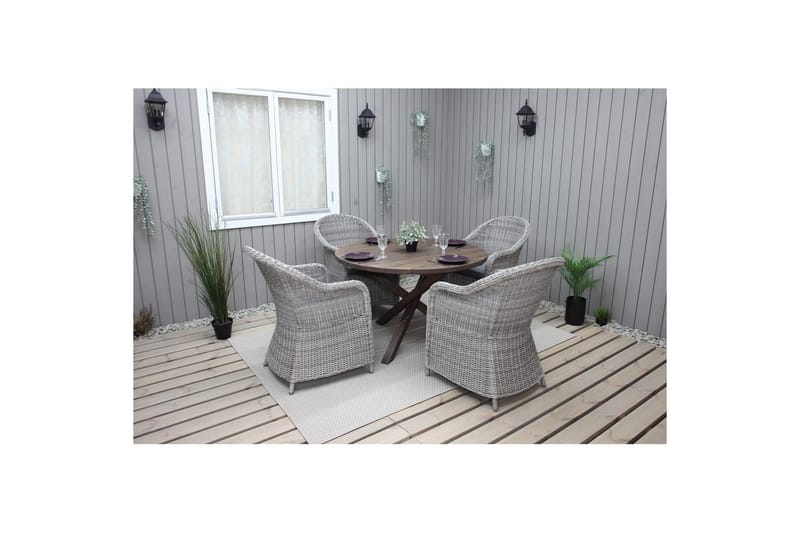 Utendørs møbelgruppe Ø 112 cm bord & 4 Belize grå stoler Brun - Brun - Hagemøbler & utemiljø - Hagegruppe - Spisegrupper hage