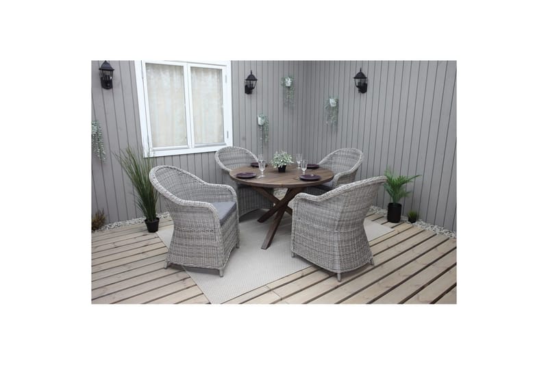 Utendørs møbelgruppe Ø 112 cm bord & 4 Belize grå stoler Brun - Brun - Hagemøbler & utemiljø - Hagegruppe - Spisegrupper hage
