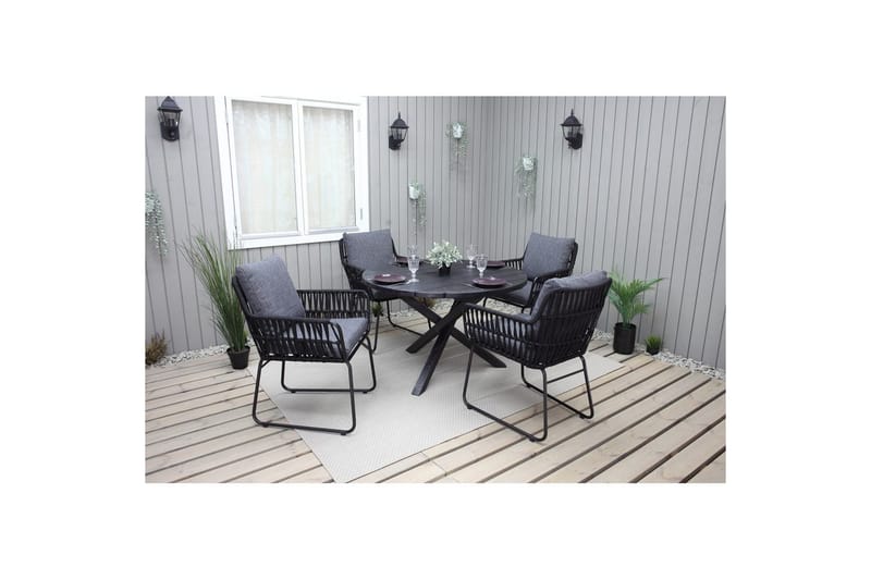 Utendørs møbelgruppe Ø 112 cm bord & 4 Levanto grå stoler Svart - Svart - Hagemøbler & utemiljø - Hagegruppe - Cafemøbler & cafesett