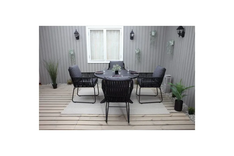 Utendørs møbelgruppe Ø 112 cm bord & 4 Levanto grå stoler Svart - Svart - Hagemøbler & utemiljø - Hagegruppe - Spisegrupper hage