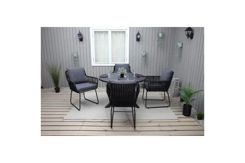 Utendørs møbelgruppe Ø 112 cm bord & 4 Levanto grå stoler Svart - Svart - Hagemøbler & utemiljø - Hagegruppe - Spisegrupper hage