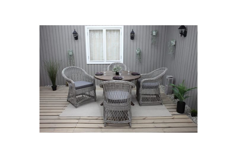 Utendørs møbelgruppe Ø 112 cm bord & 4 Merida grå stoler Brun - Brun - Hagemøbler & utemiljø - Hagegruppe - Spisegrupper hage