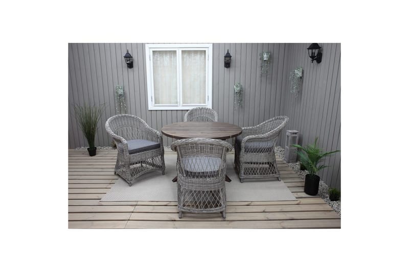 Utendørs møbelgruppe Ø 112 cm bord & 4 Merida grå stoler Brun - Brun - Hagemøbler & utemiljø - Hagegruppe - Spisegrupper hage