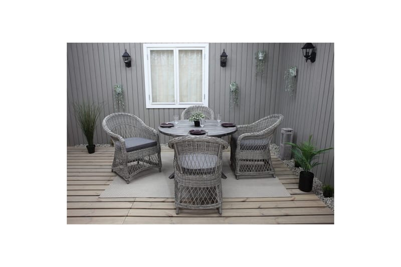 Utendørs møbelgruppe Ø 112 cm bord & 4 Merida grå stoler Grå - Grå - Hagemøbler & utemiljø - Hagegruppe - Spisegrupper hage