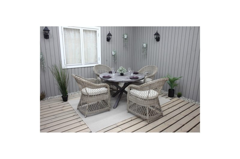 Utendørs møbelgruppe Ø 112 cm bord & 4 Merida naturlig stoler Grå - Grå - Hagemøbler & utemiljø - Hagegruppe - Cafemøbler & cafesett