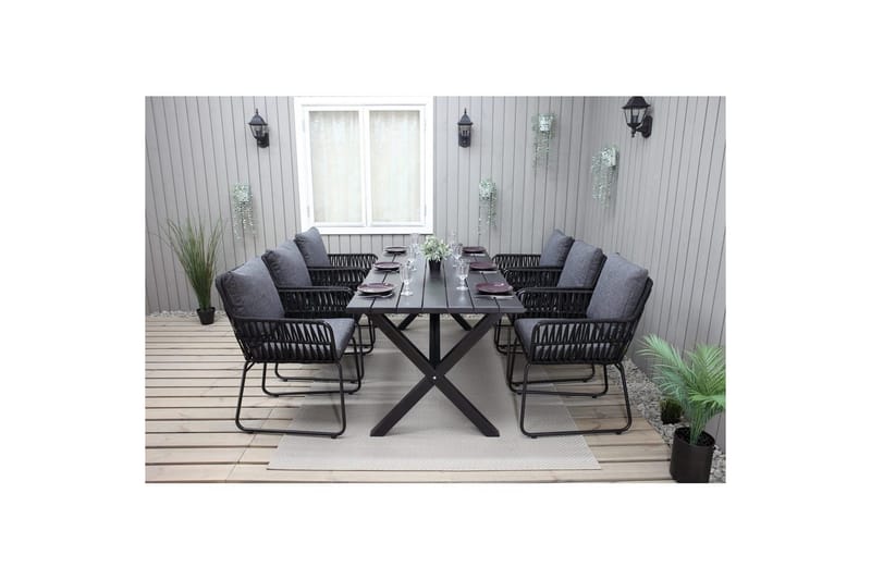 Utendørs møbelgruppe 190 cm Bord & 6 Levanto grå stoler Svart - Svart - Hagemøbler & utemiljø - Hagegruppe - Spisegrupper hage