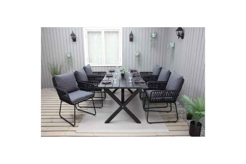 Utendørs møbelgruppe 190 cm Bord & 6 Levanto grå stoler Svart - Svart - Hagemøbler & utemiljø - Hagegruppe - Spisegrupper hage