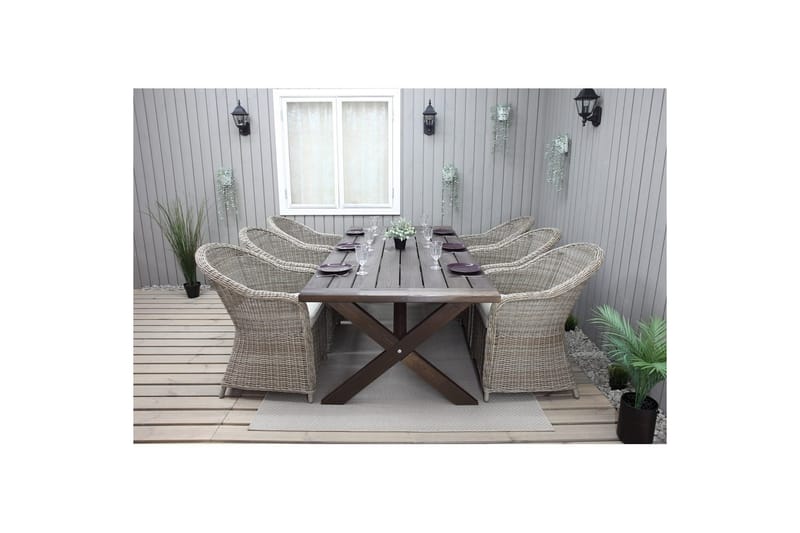 Utendørs møbelgruppe 220 cm bord 26 6 Belize naturstoler Brun - Brun - Hagemøbler & utemiljø - Hagegruppe - Spisegrupper hage