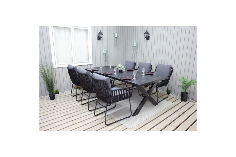 Utendørs møbelgruppe 220 cm bord 26 6 Levanto grå stoler Svart - Svart - Hagemøbler & utemiljø - Hagegruppe - Spisegrupper hage
