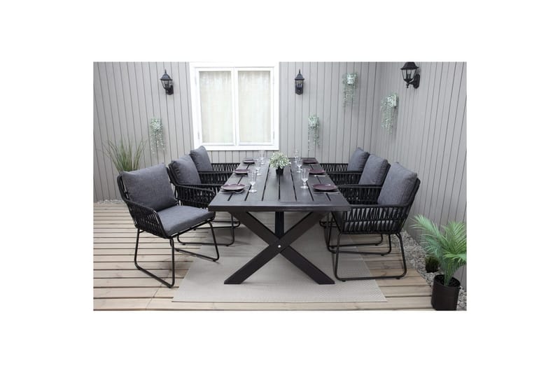 Utendørs møbelgruppe 220 cm bord 26 6 Levanto grå stoler Svart - Svart - Hagemøbler & utemiljø - Hagegruppe - Spisegrupper hage