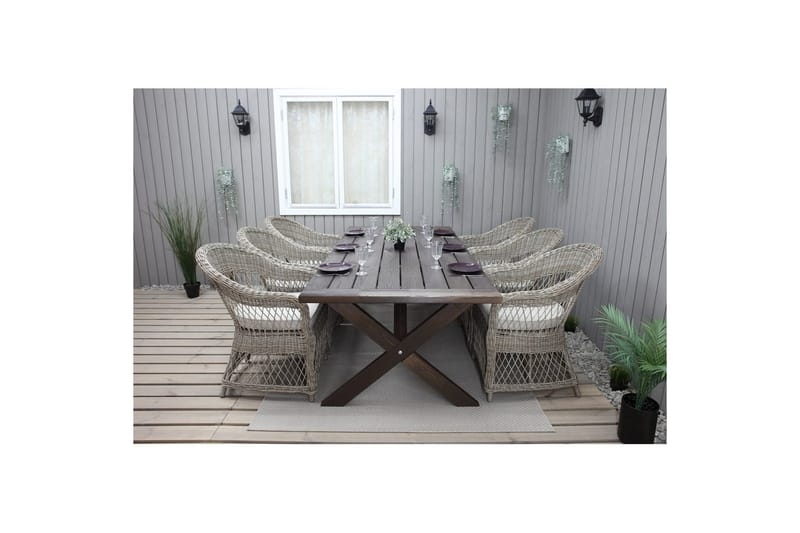 Utendørs møbelgruppe 220 cm bord 26 6 Merida naturstoler Brun - Brun - Hagemøbler & utemiljø - Hagegruppe - Spisegrupper hage