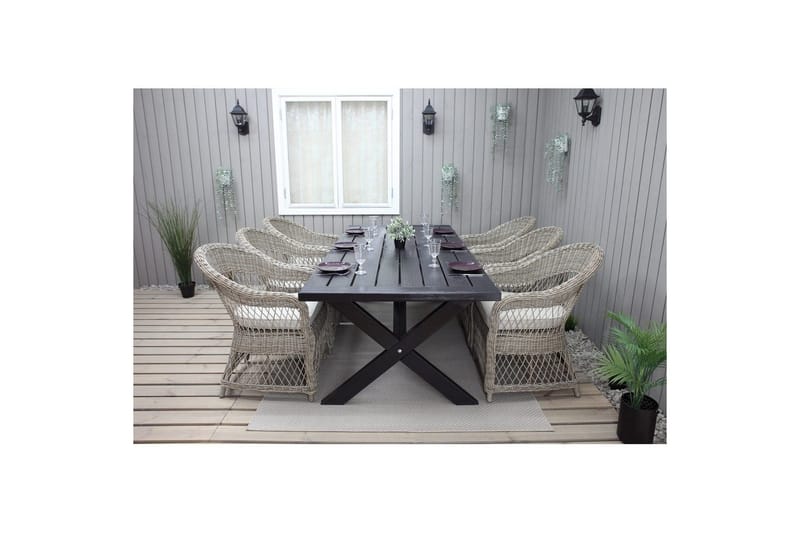 Utendørs møbelgruppe 220 cm bord 26 6 Merida naturstoler Svart - Svart - Hagemøbler & utemiljø - Hagegruppe - Spisegrupper hage