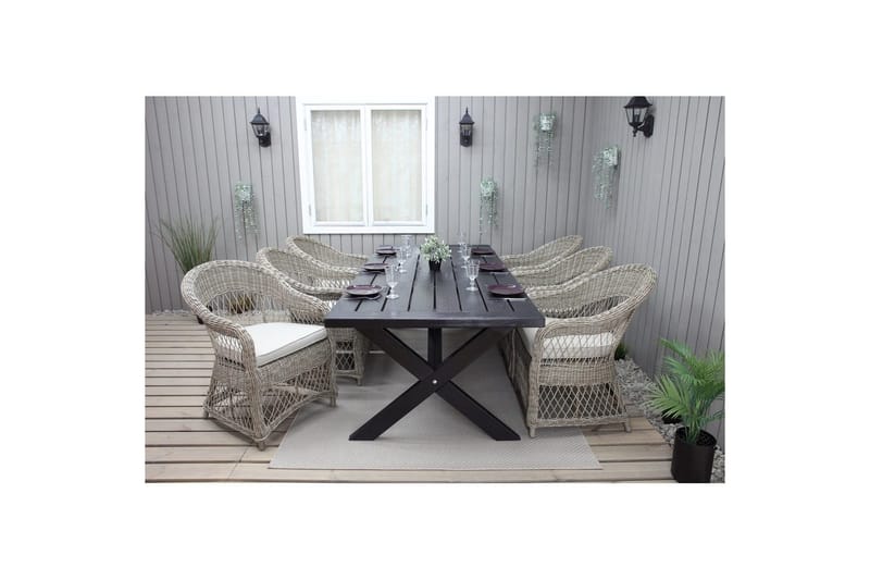 Utendørs møbelgruppe 220 cm bord 26 6 Merida naturstoler Svart - Svart - Hagemøbler & utemiljø - Hagegruppe - Spisegrupper hage