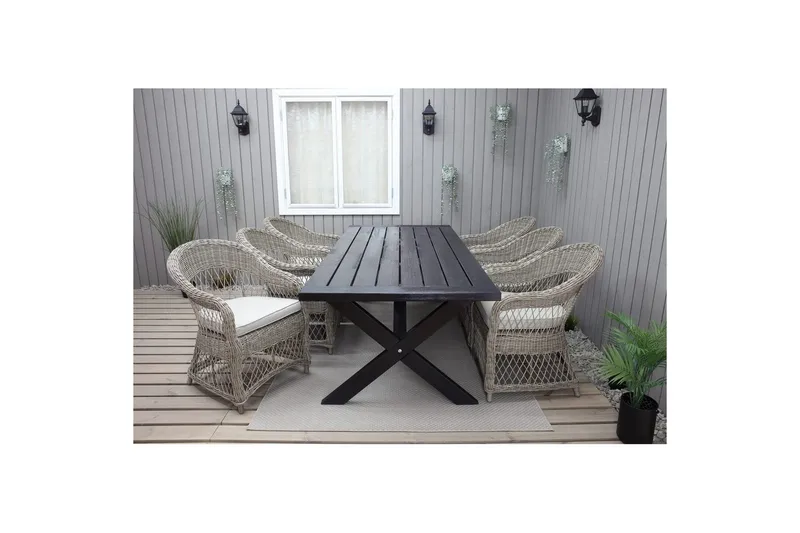 Utendørs møbelgruppe 220 cm bord 26 6 Merida naturstoler Svart - Svart - Hagemøbler & utemiljø - Hagegruppe - Spisegrupper hage
