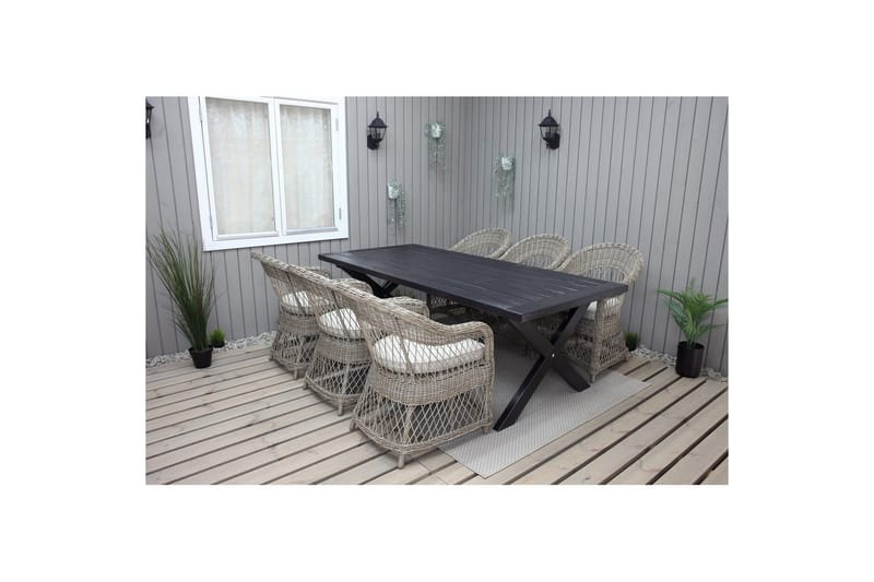 Utendørs møbelgruppe 220 cm bord 26 6 Merida naturstoler Svart - Svart - Hagemøbler & utemiljø - Hagegruppe - Spisegrupper hage