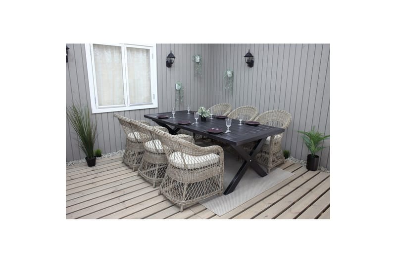 Utendørs møbelgruppe 220 cm bord 26 6 Merida naturstoler Svart - Svart - Hagemøbler & utemiljø - Hagegruppe - Spisegrupper hage