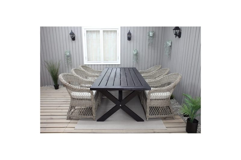 Utendørs møbelgruppe 220 cm bord 26 6 Merida naturstoler Svart - Svart - Hagemøbler & utemiljø - Hagegruppe - Spisegrupper hage