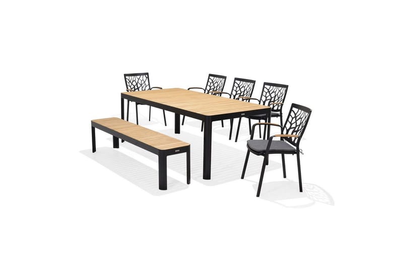 Utendørs møbelgruppe Lifestyle Garden Portals 209 cm 5 tresnekkerstoler + benk, 5 tresnekkerstoler + benk