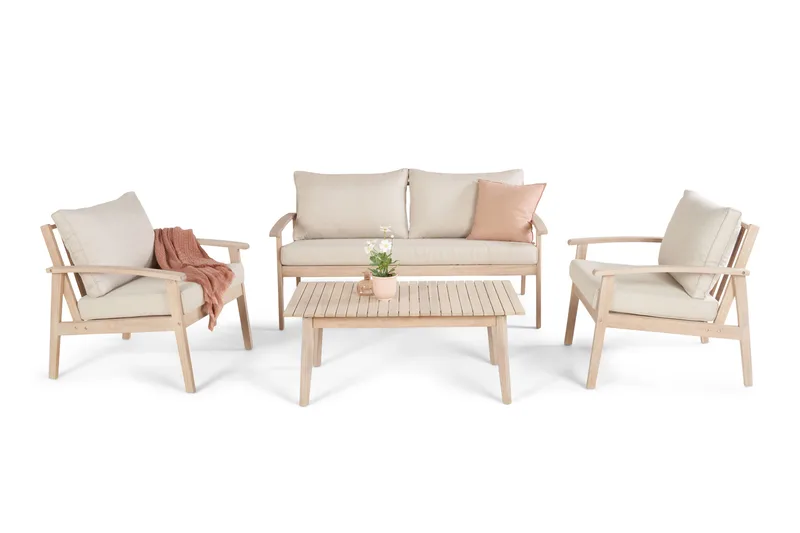Wagnera liten sofagruppe for utendørsbruk – 2-seters sofa med 2 lenestoler og salongbord i akasietre - Beige - Hagemøbler & utemiljø - Hagegruppe - Sofagruppe utendørs
