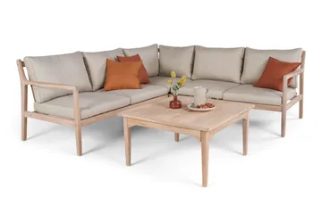 Wagnera loungegruppe for utendørsbruk – L-formet sofa med kvadratisk salongbord i akasietre - Natur / Beige - Hagemøbler & utemiljø - Hagegruppe - Sofagruppe utendørs