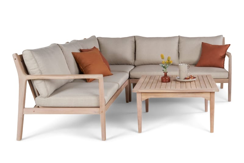 Wagnera loungegruppe for utendørsbruk – L-formet sofa med kvadratisk salongbord i akasietre - Natur / Beige - Hagemøbler & utemiljø - Hagegruppe - Sofagruppe utendørs