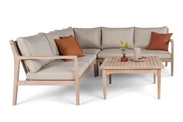 Wagnera loungegruppe for utendørsbruk – L-formet sofa med kvadratisk salongbord i akasietre - Natur / Beige - Hagemøbler & utemiljø - Hagegruppe - Sofagruppe utendørs