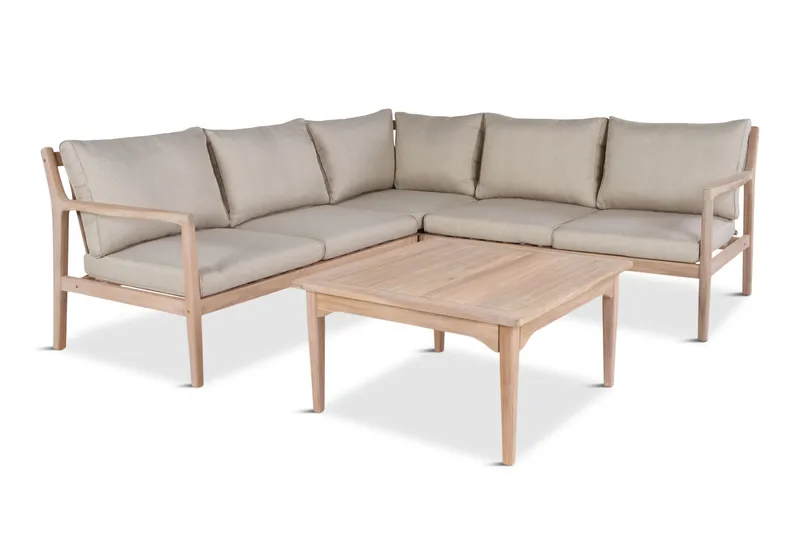 Wagnera loungegruppe for utendørsbruk – L-formet sofa med kvadratisk salongbord i akasietre, Natur / Beige