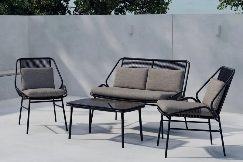 Zakynthos sofagruppe 2-seters sofa + 2 lenestoler med bord utendørs, Svart