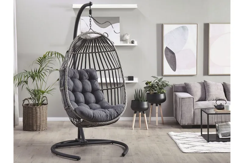 Hengestol med stativ kunstrotting Mørkegrå SESIA - Grå - Hagemøbler & utemiljø - Stoler & Lenestoler - Hengestoler