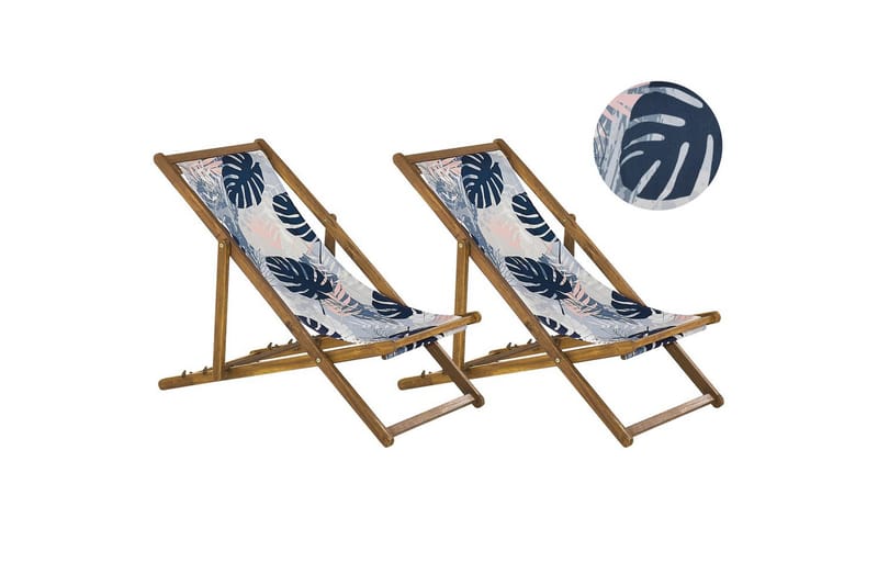 Solstol sett med 2 Anzio - lyst tre/off-white/blå palmebladmønster - Hagemøbler & utemiljø - Stoler & Lenestoler - Solstoler