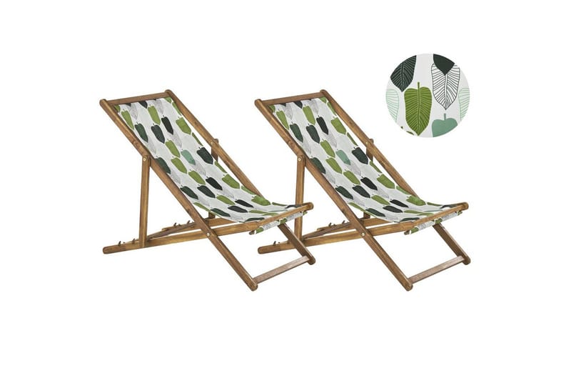 Solstol sett med 2 Anzio, lyst tre/off-white/grønt løvmønster