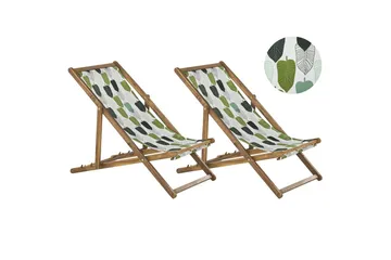 Solstol sett med 2 Anzio - lyst tre/off-white/grønt løvmønster - Hagemøbler & utemiljø - Stoler & Lenestoler - Solstoler