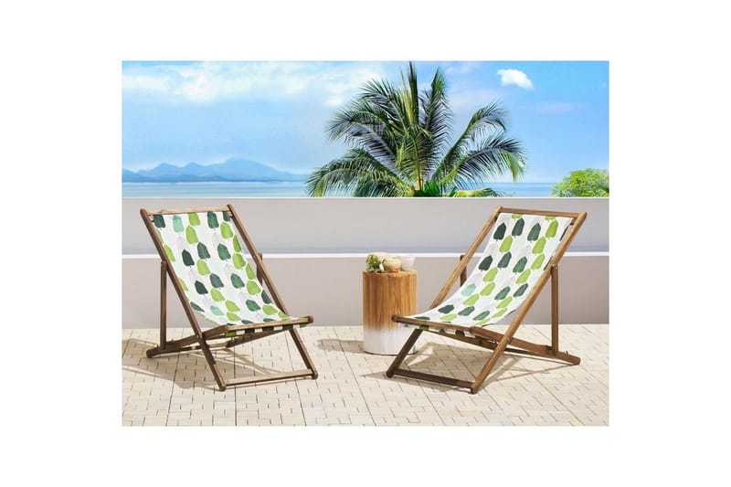 Solstol sett med 2 Anzio - lyst tre/off-white/grønt løvmønster - Hagemøbler & utemiljø - Stoler & Lenestoler - Solstoler