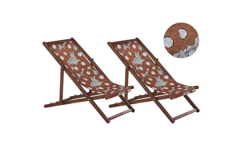 Solstol sett med 2 Anzio - mørkt tre/off-white valmuemønster - Hagemøbler & utemiljø - Stoler & Lenestoler - Solstoler