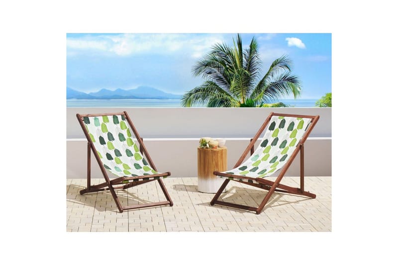 Solstol sett med 2 Anzio - mørkt tre/off-white/grønt løvmønster - Hagemøbler & utemiljø - Stoler & Lenestoler - Solstoler