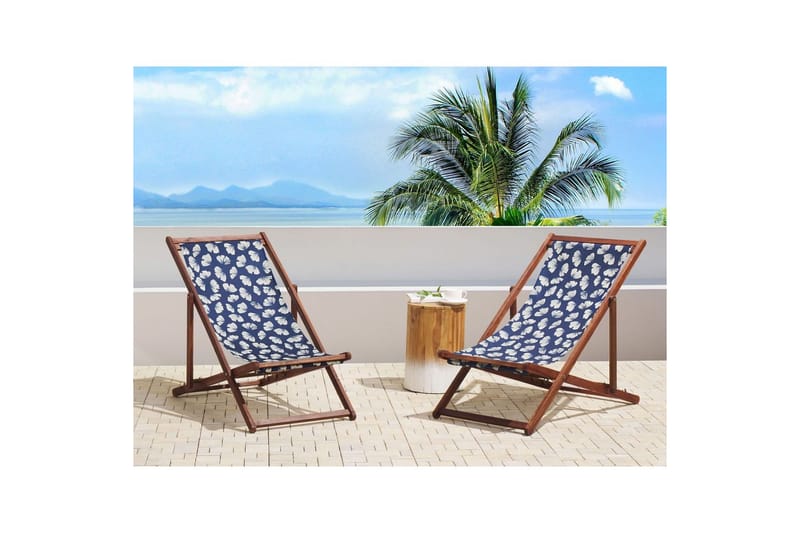 Solstol sett med 2 Anzio - mørkt tre/off-white/marineblått blomstermønster - Hagemøbler & utemiljø - Stoler & Lenestoler - Solstoler