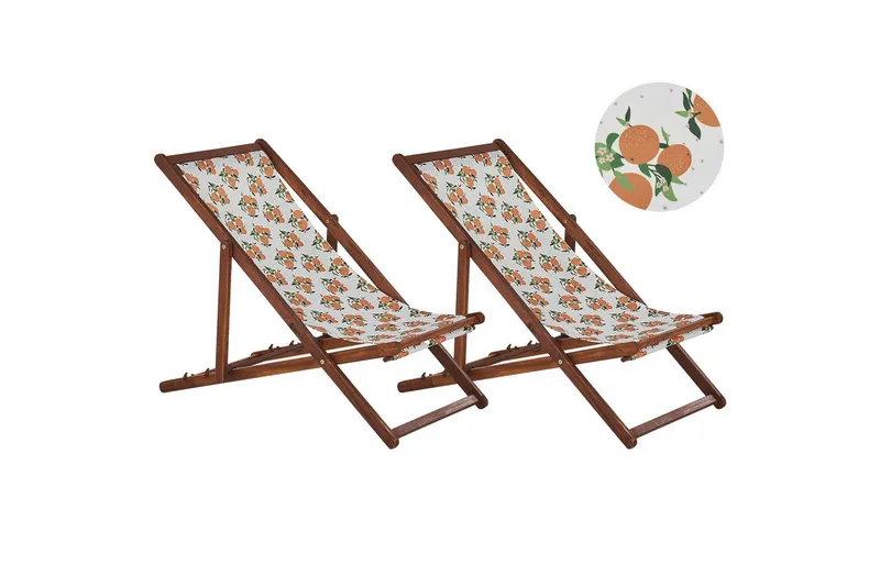 Solstol sett med 2 Anzio - mørkt tre/off-white/oransje mønster - Hagemøbler & utemiljø - Stoler & Lenestoler - Solstoler