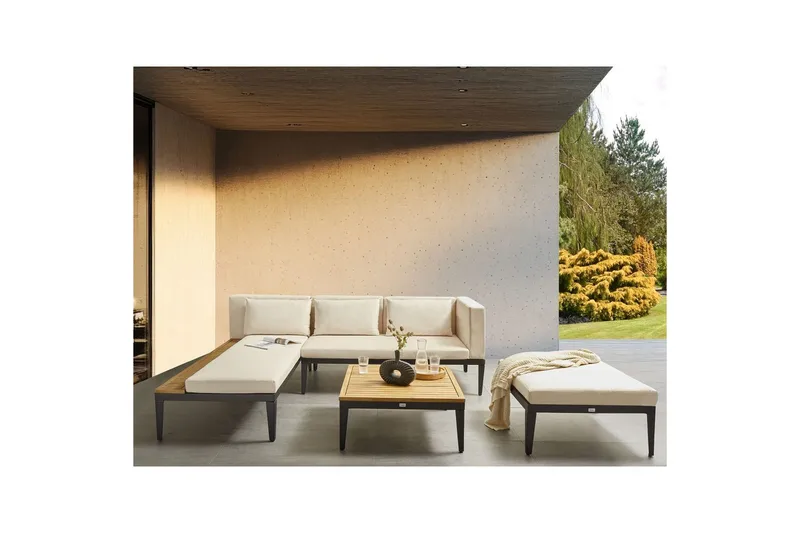 Loungegrupp med fotpall Beliani Bracciano 3-Sits Beige||Light wood||Black - Hagemøbler & utemiljø - Loungemøbler - Loungegrupper