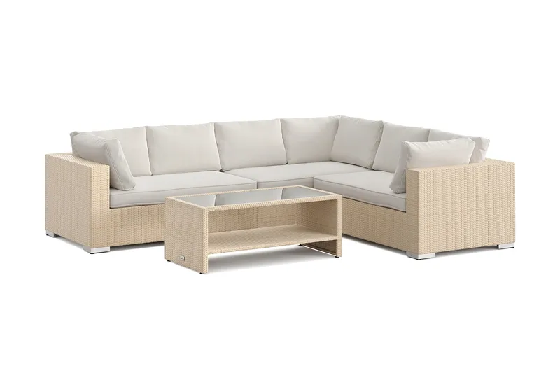 Bahamas L-formet utesofa høyre, 6-seters med bord og hylle, Beige