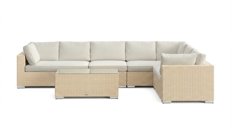Bahamas L-formet utesofa høyre, 7-seters med bord - Beige - Hagemøbler & utemiljø - Loungemøbler - Loungegrupper