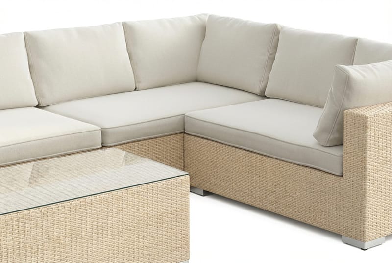Bahamas L-formet utesofa høyre, 7-seters med bord - Beige - Hagemøbler & utemiljø - Loungemøbler - Loungegrupper