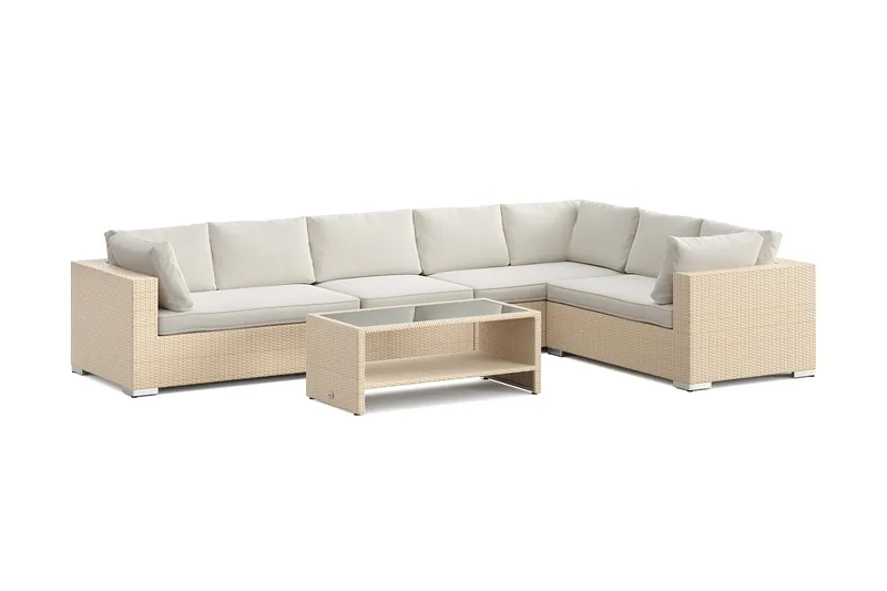 Bahamas L-formet utesofa høyre, 7-seters med bord og hylle, Beige