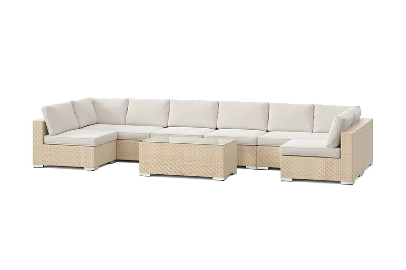 Bahamas U-formet utendørs loungegruppe med åpen avslutning, 8-seters med bord, Beige