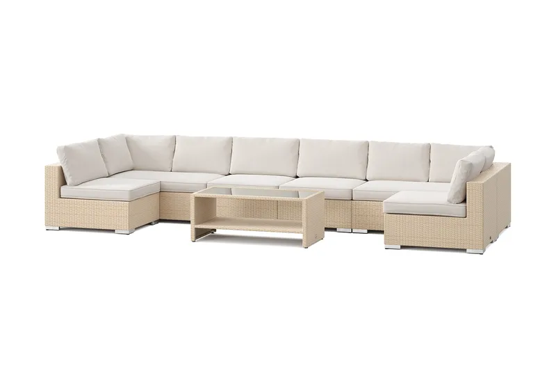 Bahamas U-formet utendørs loungegruppe med åpen avslutning, 8-seters med bord og hylle, Beige