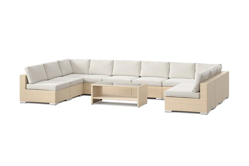 Bahamas U-formet utendørs loungegruppe med åpen avslutning, 9-seters med bord og hylle, Beige