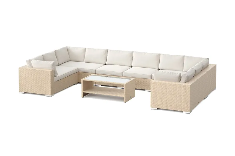 Bahamas U-formet utendørs loungegruppe med lukket avslutning, 10-seters med bord og hylle, Beige
