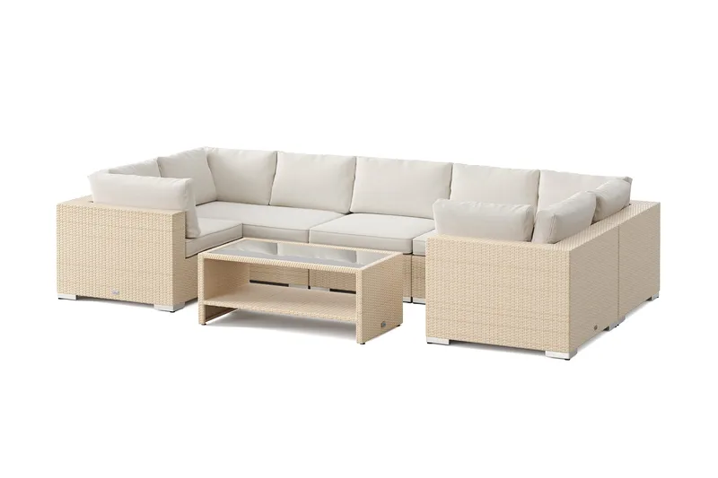 Bahamas U-formet utendørs loungegruppe med lukket avslutning, 7-seters med bord og hylle, Beige