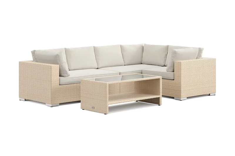 Bahamas utendørs hjørnesofa 5-seters vendbar og bord med hylle, Beige